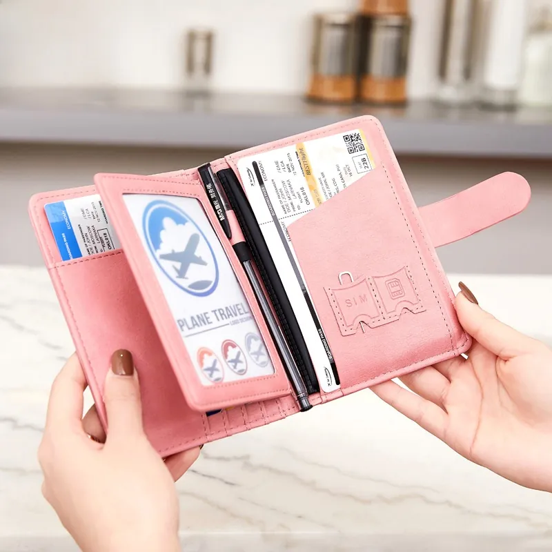 Travel Passport Holder PU Leather RFID Blocking Multi Functional Wallet Card Organizer With Metal Airplane Logo For Trip