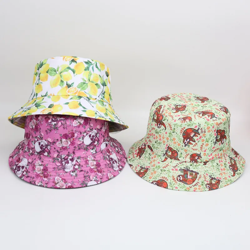 Reversible Digital Printed Bucket Hat Retro Fruit Lemon Skull Sloth Floral Pattern Sun Protection Polyester Fisherman Hat For Outdoor Unisex