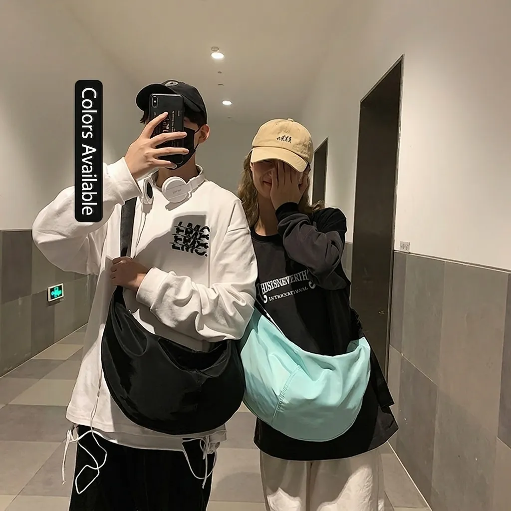 Large Capacity Nylon Shoulder Bag Crescent Moon Dumpling Shape Adjustable Strap Streetwear Casual Crossbody Bag Unisex