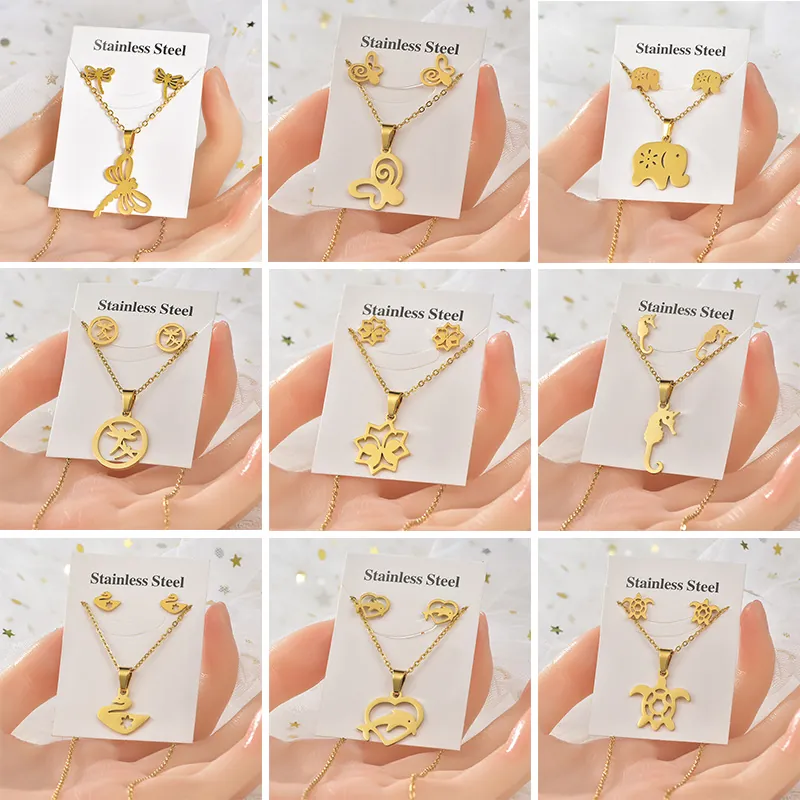 Gold Plated Stainless Steel Necklace And Earrings Jewelry For Women Vintage Animal Pendant Butterfly Elephant Dragonfly