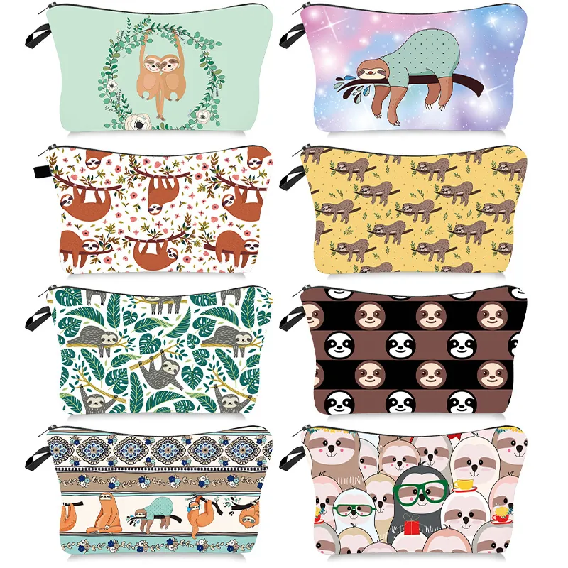 Sloth Printed Makeup Bag Portable Polyester Zipper Toiletry Organizer Travel Storage For Women Cute Tropical Pattern