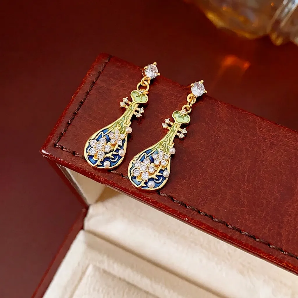 Orecchini Pendenti Forma Pipa Vintage Lega Strass Perla Artificial Imitazione Con Silver Earring Post Stile Cinese Per Donna