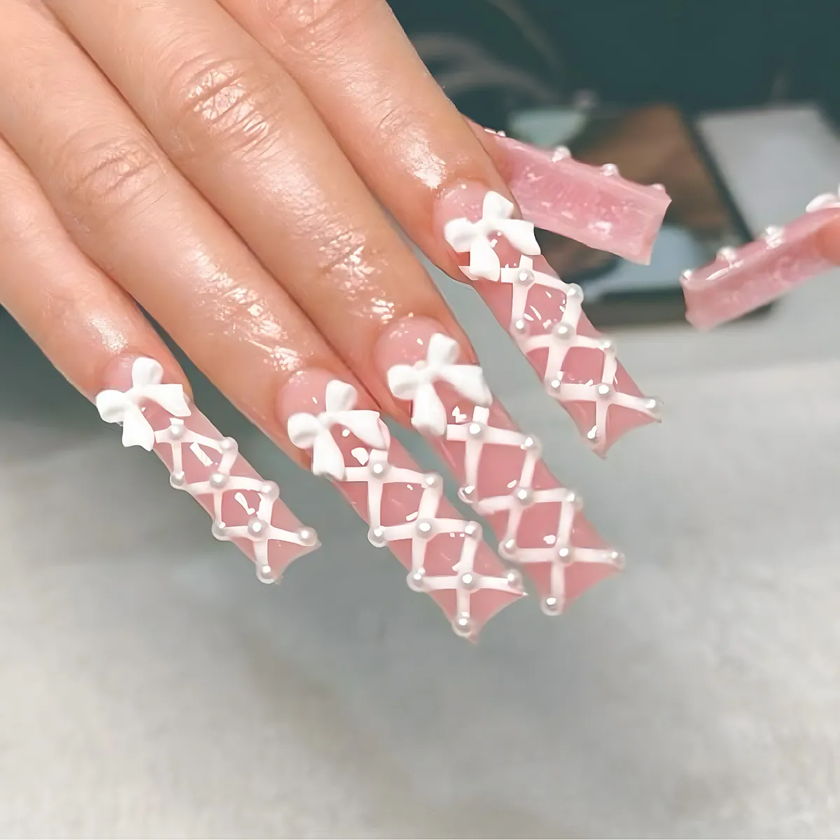 Press On Nails Pink Gradient Long Square Artificial False Nails White Bow Artificial Pearl Decor Balletcore Sweet Style For Women
