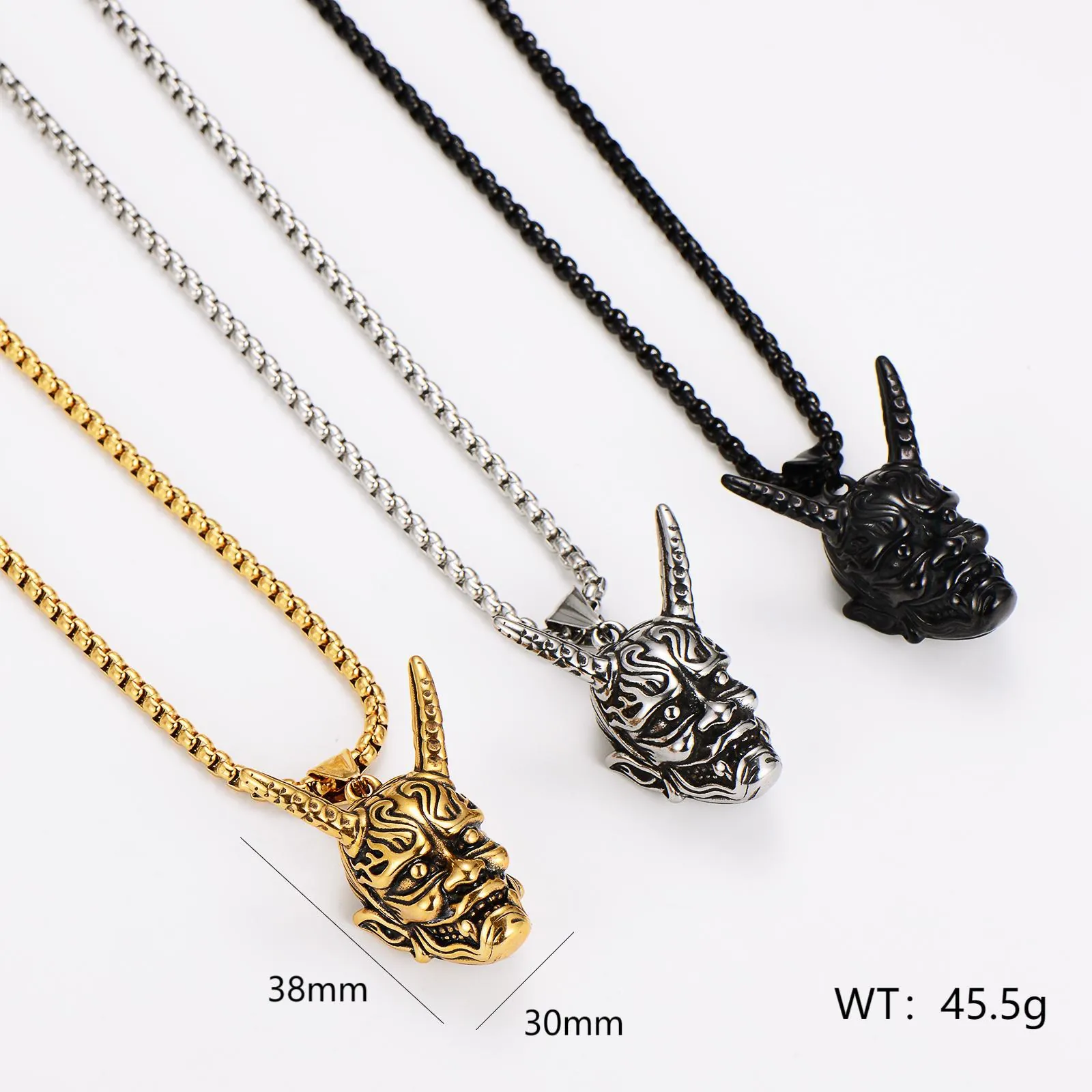 Retro Hannya Mask Pendant Necklace 304 Stainless Steel Punk Gothic Ghost Demon Horn Hip Hop Jewelry For Men