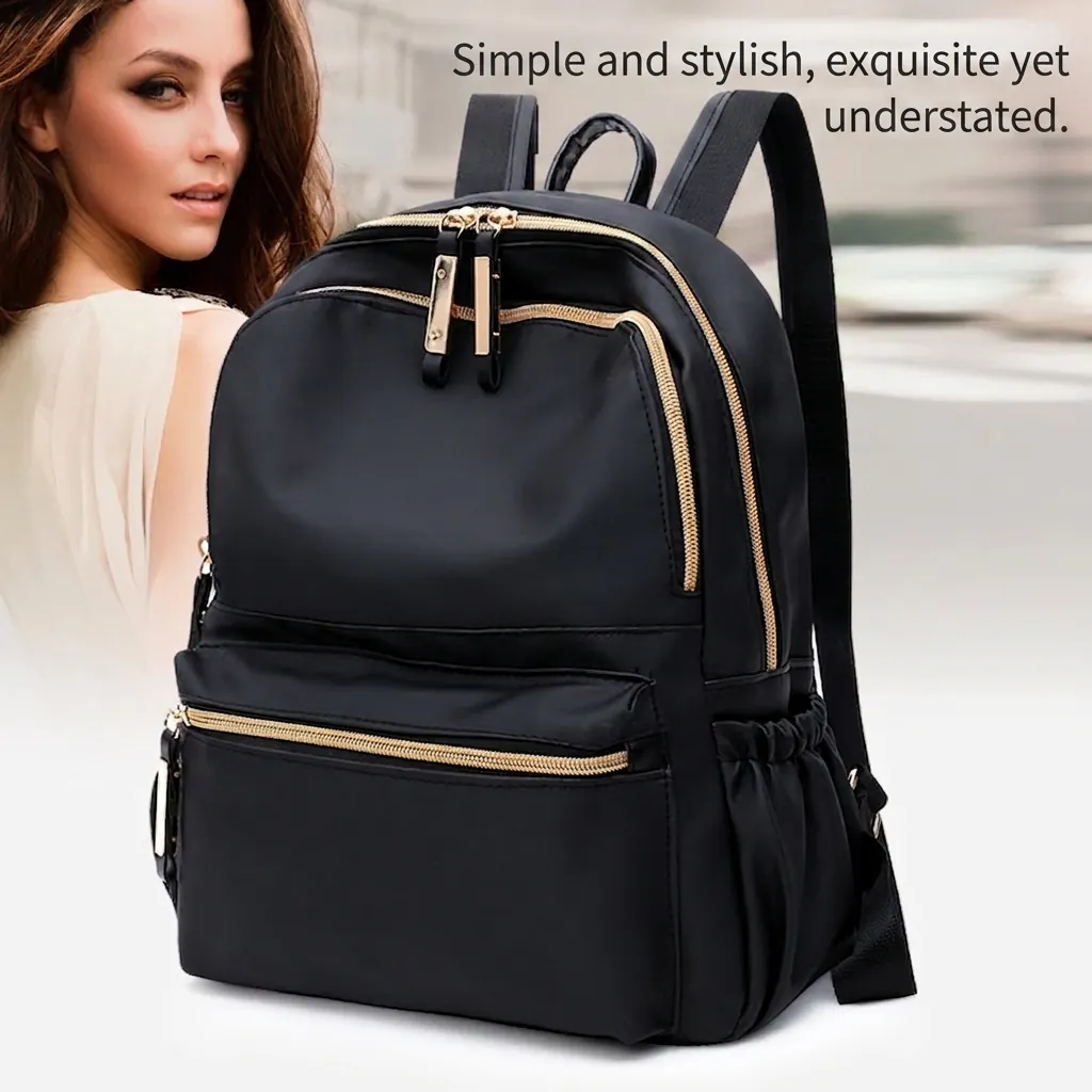 Women Backpack Waterproof Oxford Cloth Fashion Simple Large Capacity Travel School Bag Gold Zippers Anti Theft Pocket
