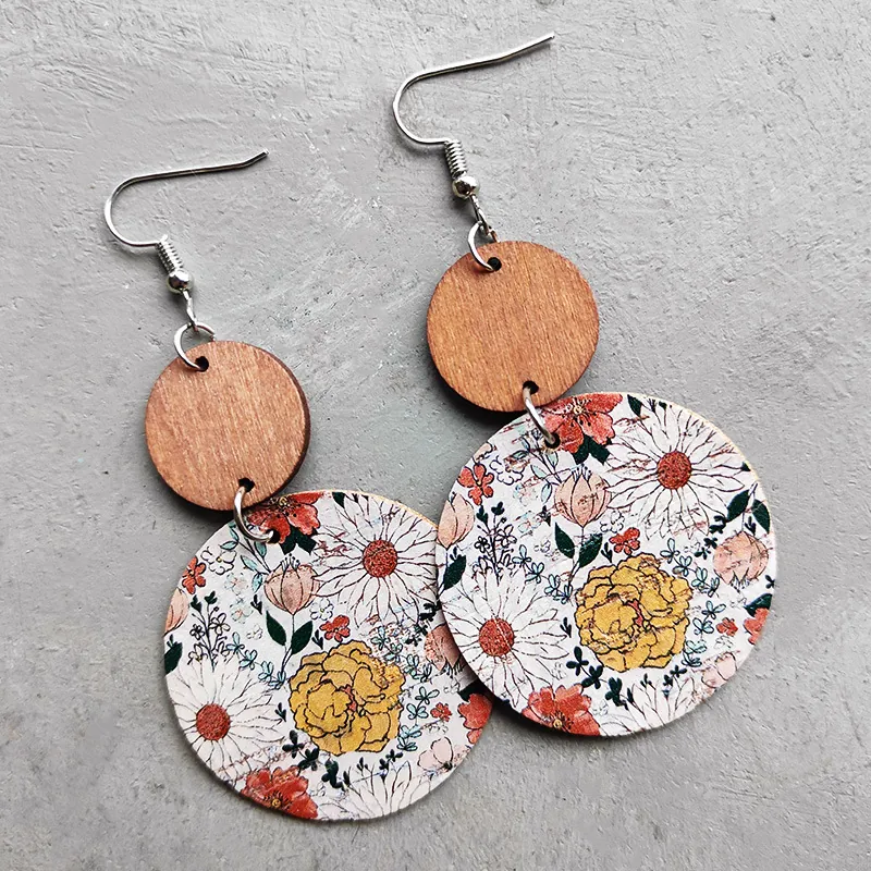 Boucles D'oreilles Pendantes Bohèmes En Bois À Motif Floral Vintage En Liège Cuir Géométrique Bijoux Pour Femmes Style Ethnique