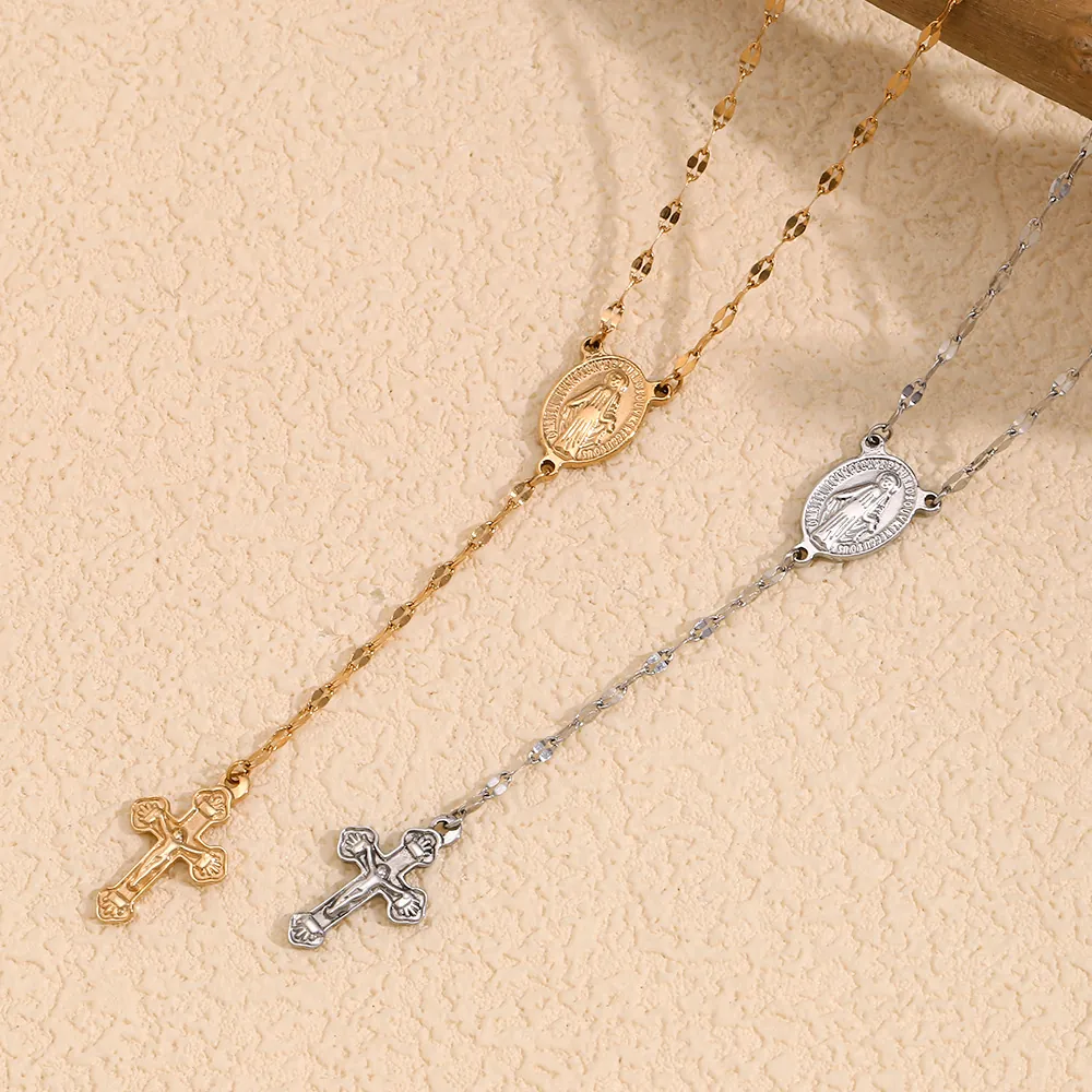 Virgin Mary Miraculous Medal Crucifix Rosary Necklace Stainless Steel Gold Plated Vintage Religious Jewelry For Women