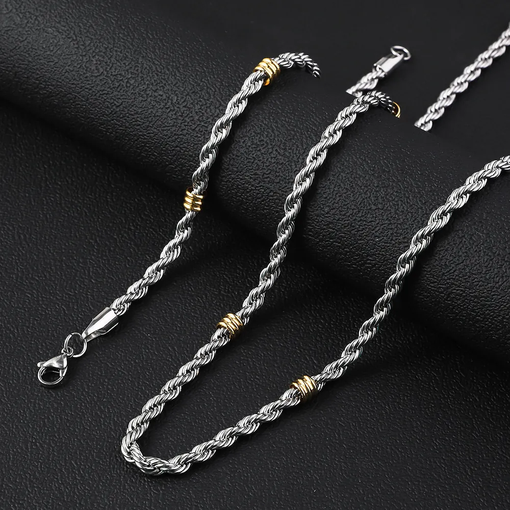 Twisted Rope Chain Necklace And Bracelet Stainless Steel Two Tone Silver Gold Beads Jewelry Fashion For Women Men