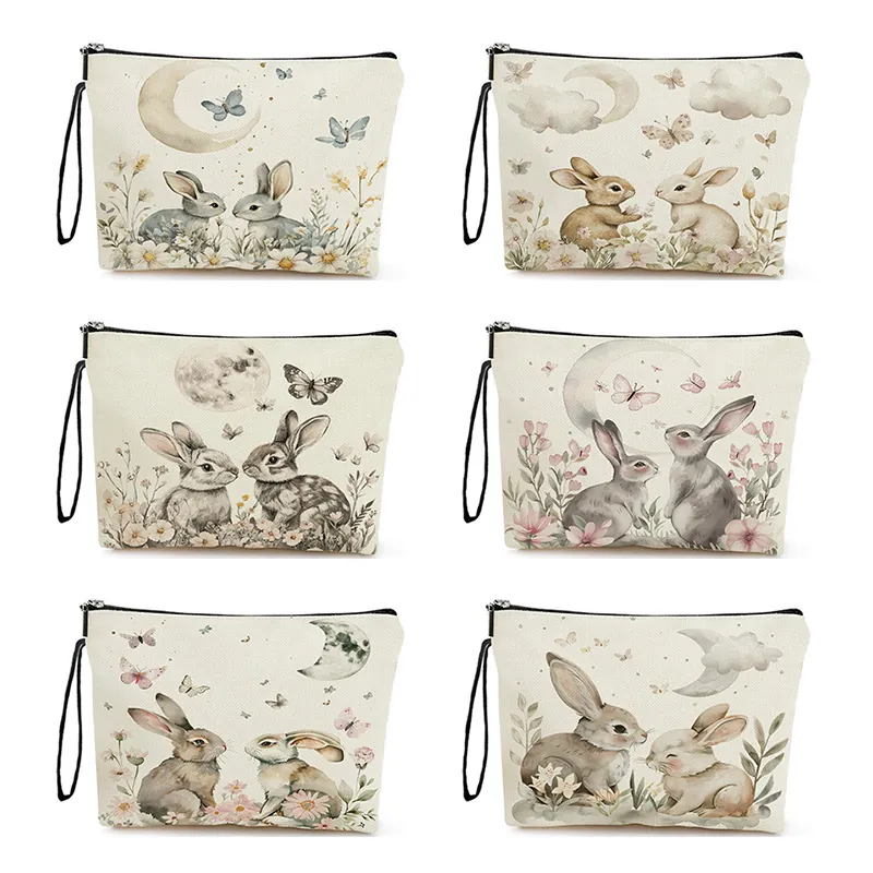 Makeup Bag Easter Rabbit Print Linen Zipper Pouch Toiletry Bag With Wristlet Vintage Cosmetic Organizer For Women Travel