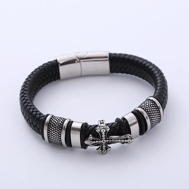 Bracciale In Pelle Intrecciata Retro Da Uomo Con Ciondolo A Croce In Acciaio Inossidabile Chiusura Magnetica Gioielli Punk