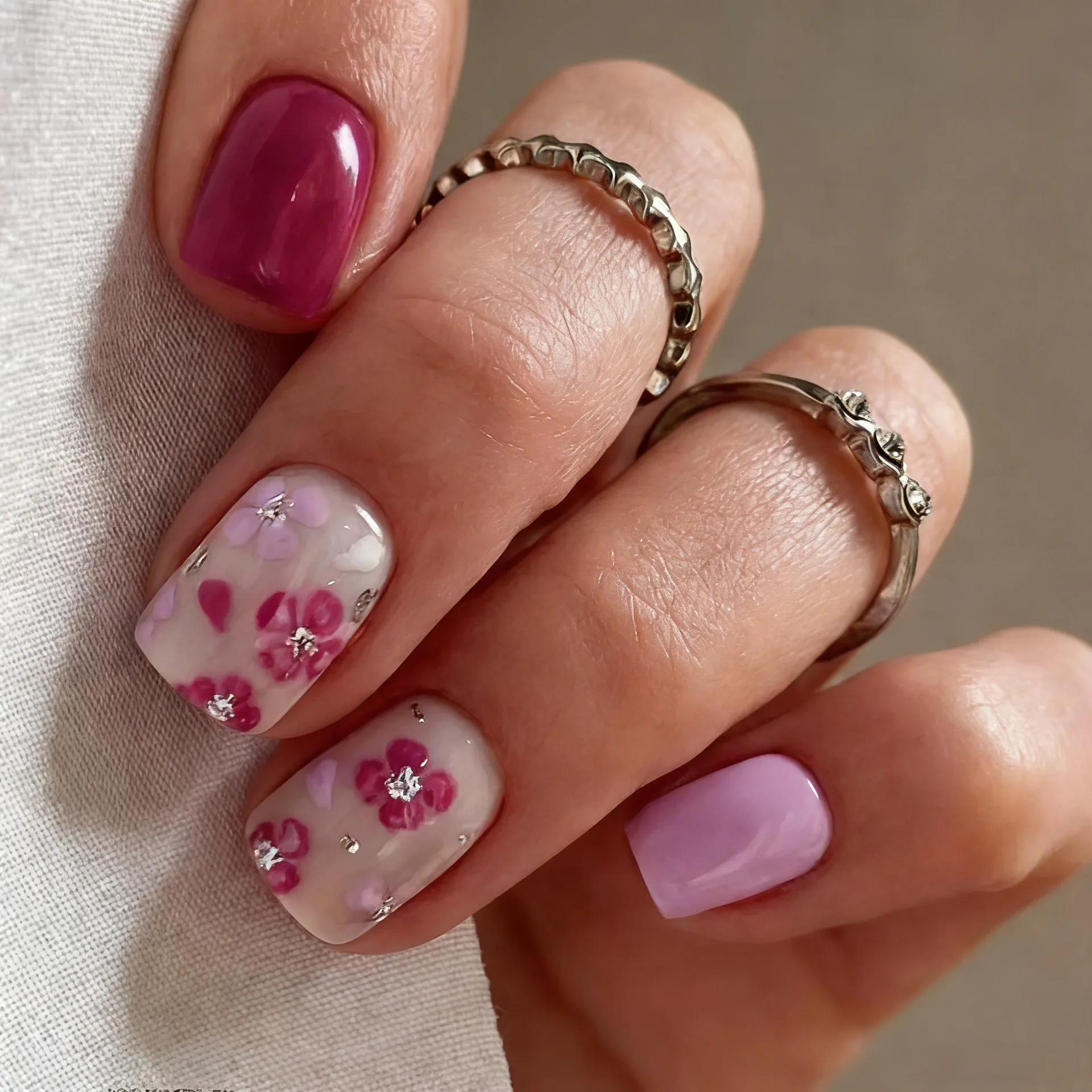 Short Square Press On Nails ABS Glossy Small Flower Pattern Elegant Simple Fashion Manicure