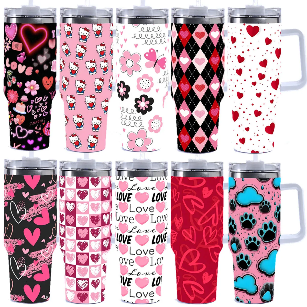 Insulated Tumbler With Handle And Straw Stainless Steel Vacuum Coffee Car Cup Heart Pattern Gift For Women