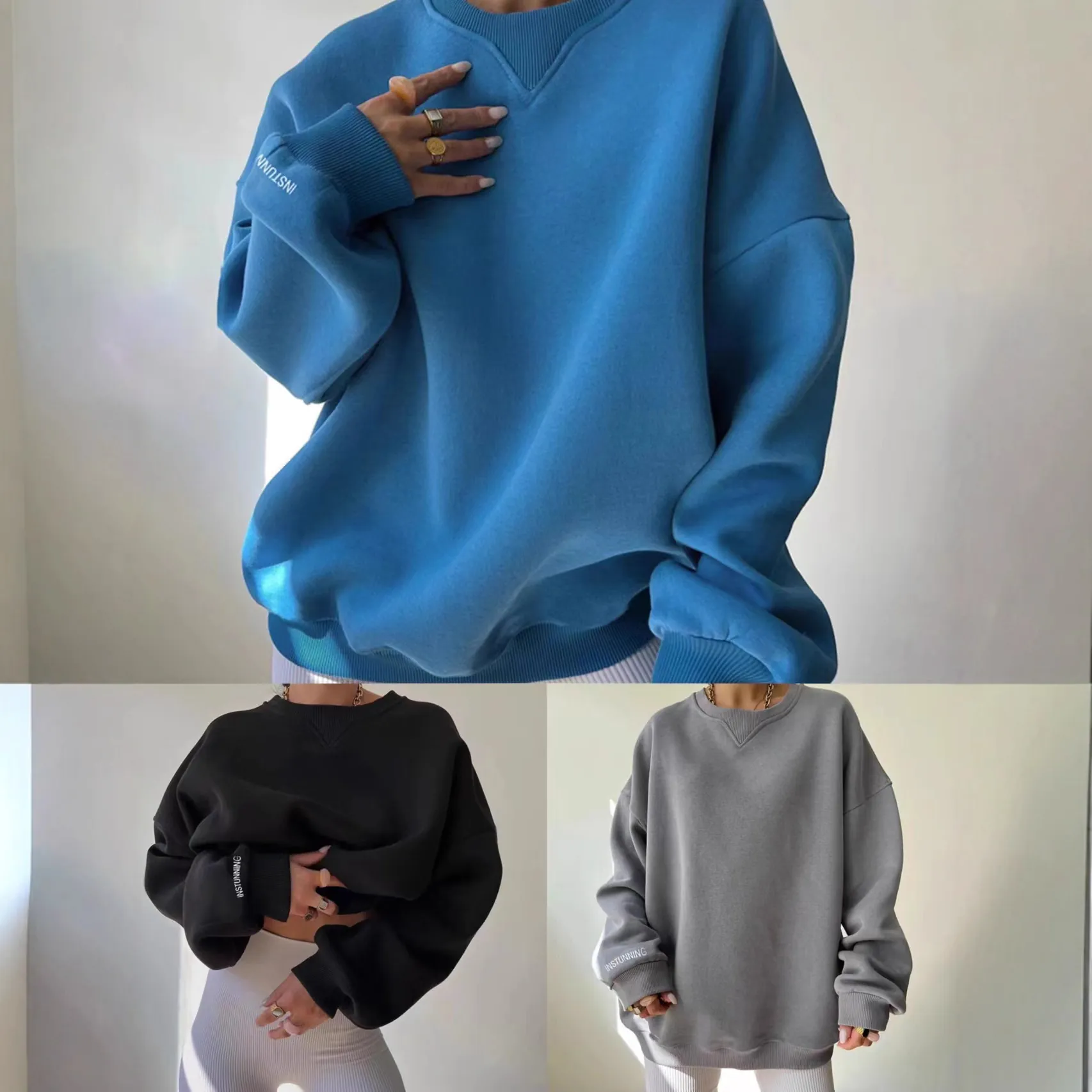 Women Crew Neck Oversized Sweatshirt Drop Shoulder Knit Long Sleeve Letter Print Casual Pullover Streetwear