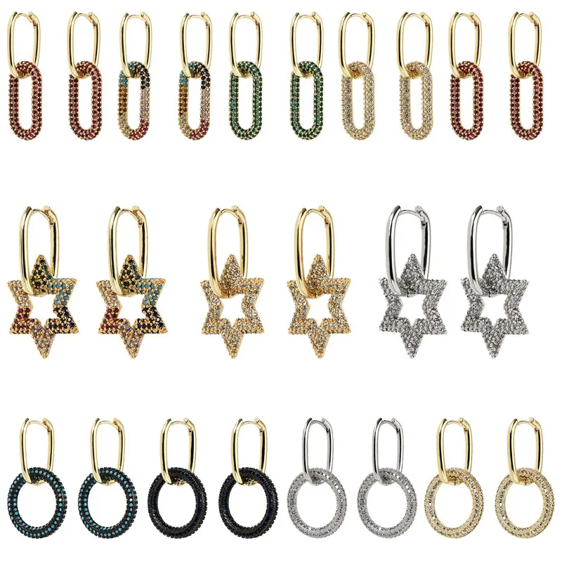 Boucles D'oreilles Pendantes Géométriques Cuivre Plaqué Or Véritable Zircon Étoile Rond Irrégulier Bijoux Femme
