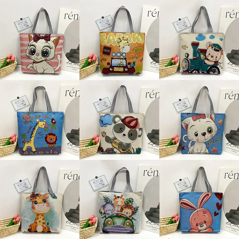 Women Cartoon Animal Print Canvas Tote Bag Cute Jacquard Embroidery Shoulder Bag With Striped Strap Zipper Large Capacity