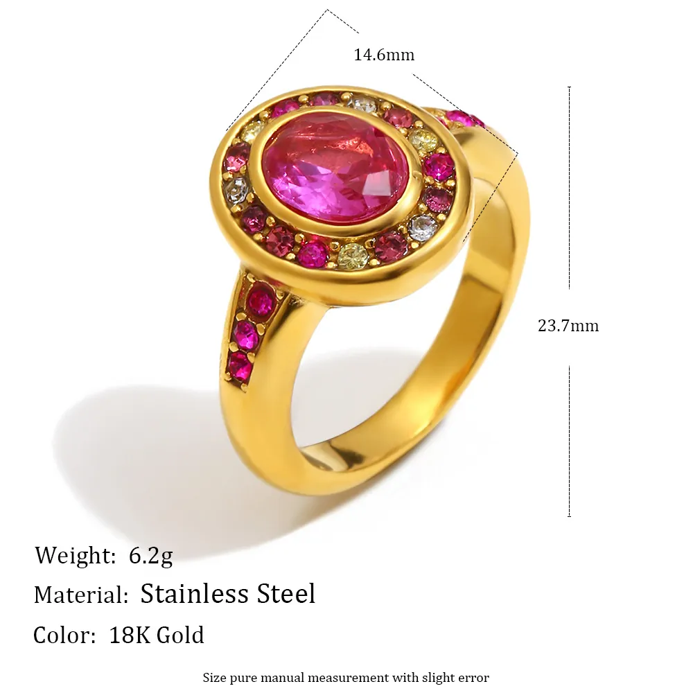 Vintage Luxury Oval Pink Zircon Ring Stainless Steel 18K Gold Plated Colorful Rhinestone Halo Jewelry Women