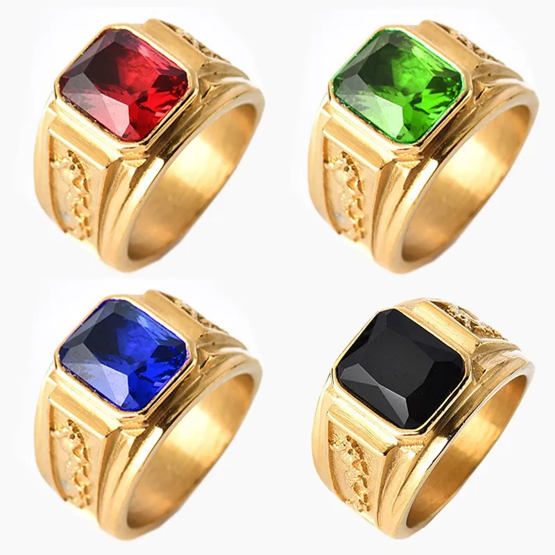 Men Signet Ring Alloy With Rectangular Synthetic Gemstone Retro Punk Relief Dragon Pattern Jewelry Accessory