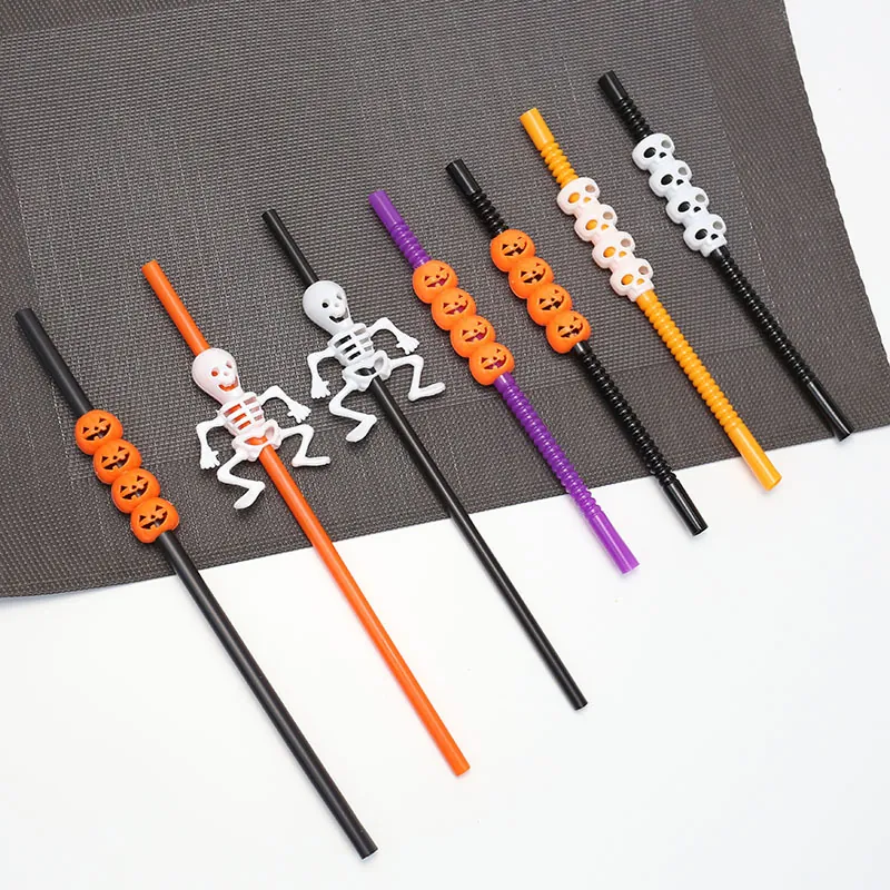 Halloween Decorative Straws Plastic Pumpkin Skull Skeleton Drinkware For Bar Restaurant Theme Party Tableware Accessories