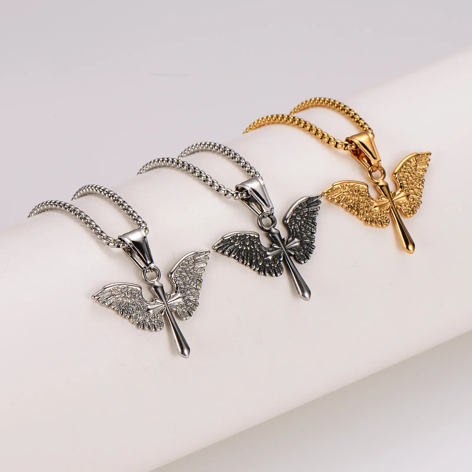 Angel Wings Cross Pendant Necklace 304 Stainless Steel Hip Hop Punk Vintage Streetwear Jewelry Gift For Men