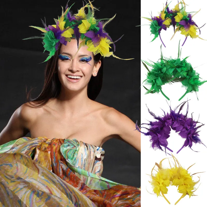 Feather Headband Mesh Flower Carnival Mardi Gras Party Hair Accessory Vintage Style Women