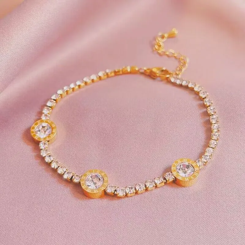 Elegant Stainless Steel Bracelet With Full Rhinestones Roman Numeral Rings Luxury Fashion Jewelry For Women