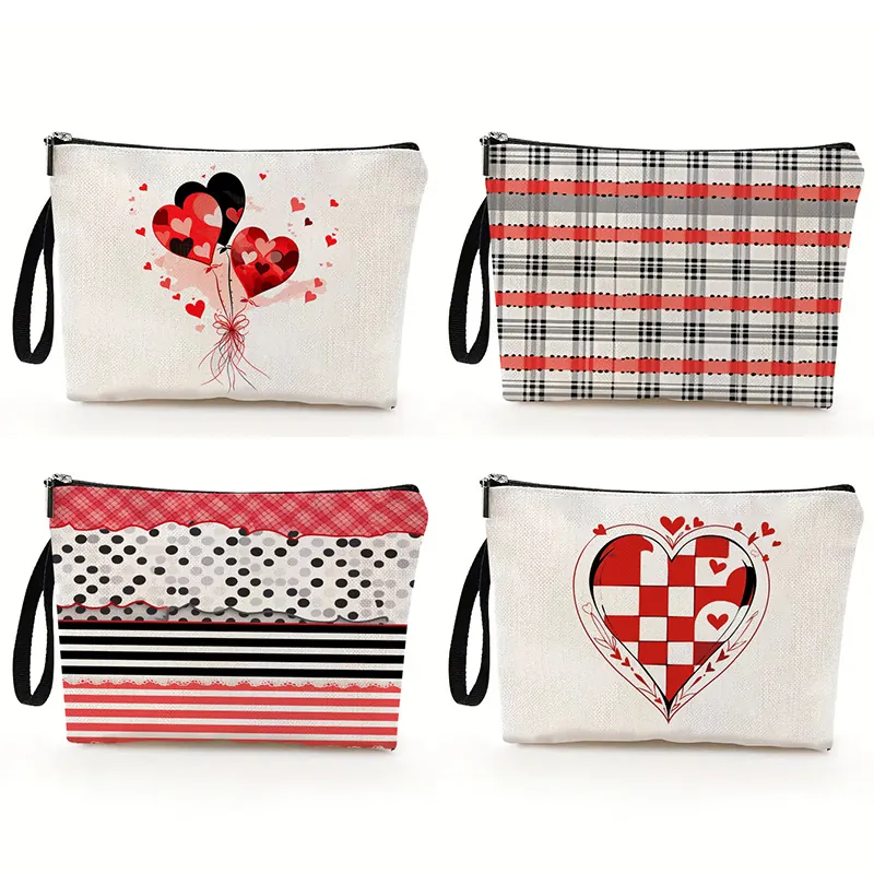 Heart Print Cosmetic Bag Polyester Linen Zippered Makeup Pouch Travel Toiletry Organizer Hand Strap Storage