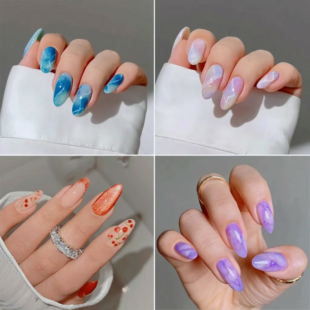 Glossy Long Coffin Press On Nails For Women Heart Pattern Gradient Marble Design Fashionable False Nails Tips Manicure