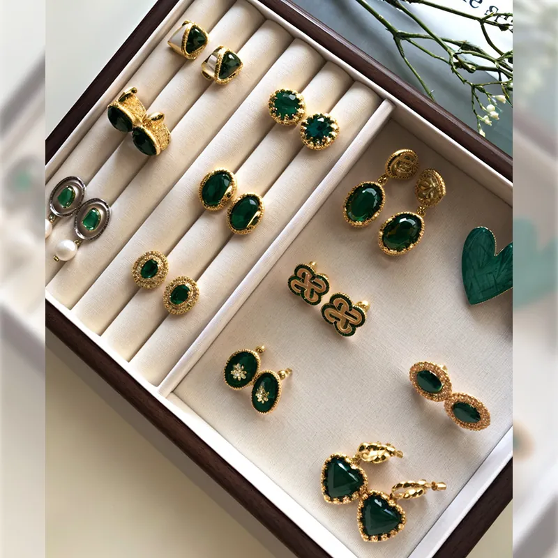 Vintage Green Emerald Zircon Earrings Butterfly Flower Resin Artificial Pearl Alloy Jewelry With Silver Earring Post For Women