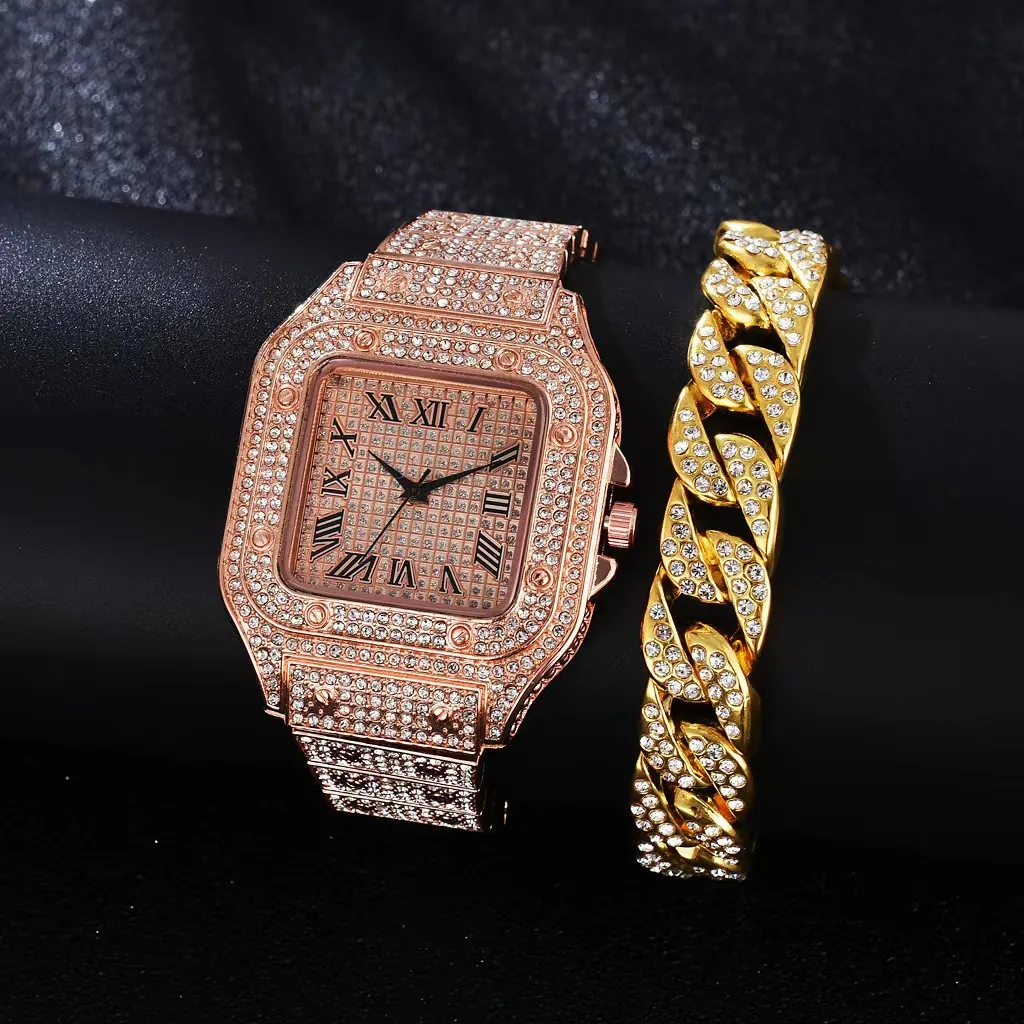 Luxury Women Quartz Watch And Bracelet Rhinestone Pavé Square Dial Roman Numerals Analog Alloy Bling