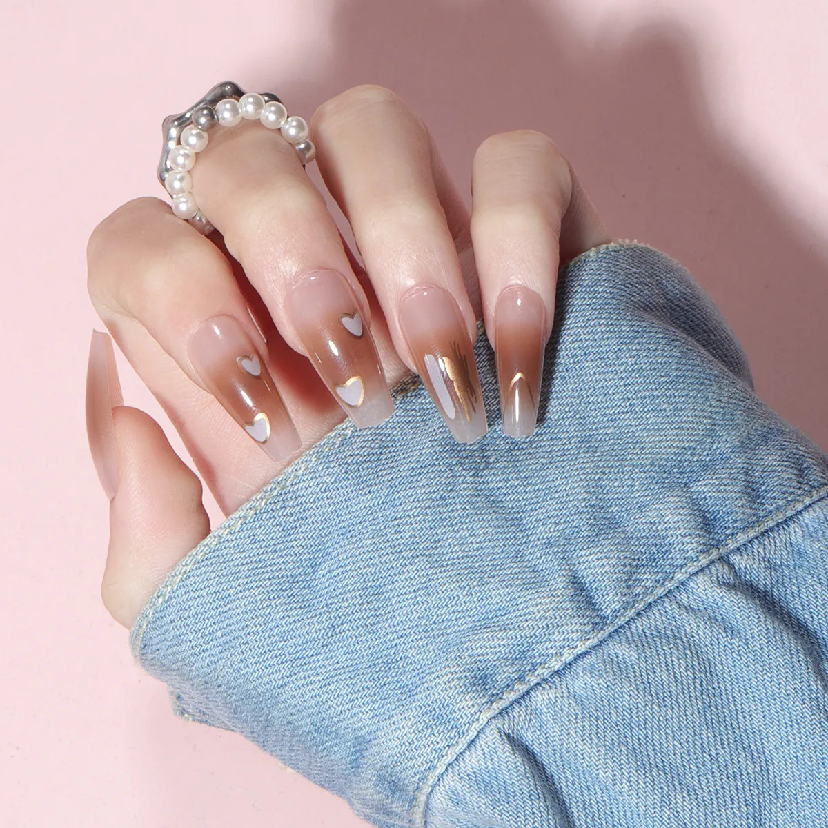 Press On Nails Long Coffin Shape Gold Heart Brown Pink Gradient Artificial False Nails Sweet Cool Style Full Cover