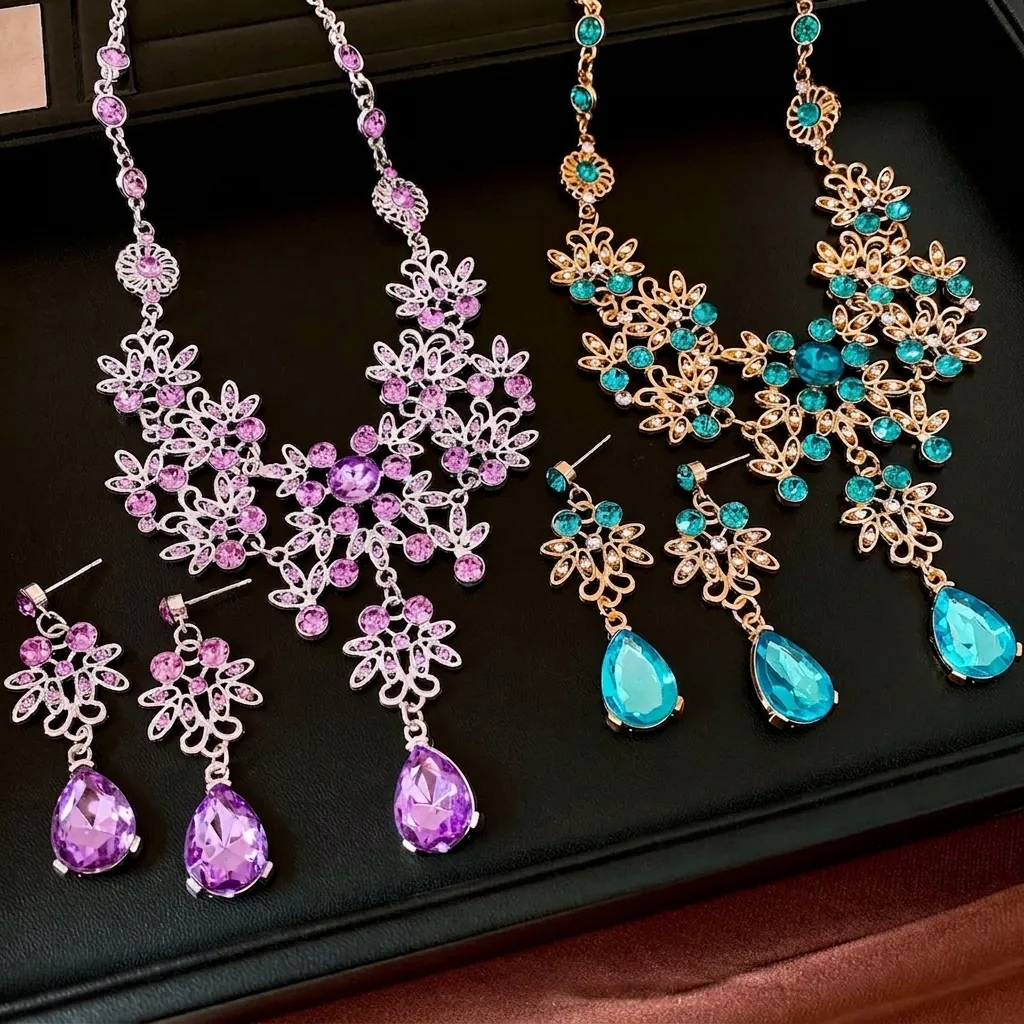 Vintage Floral Jewelry Set Crystal Rhinestone Necklace And Earrings For Women French Court Style Teardrop Pendant Party