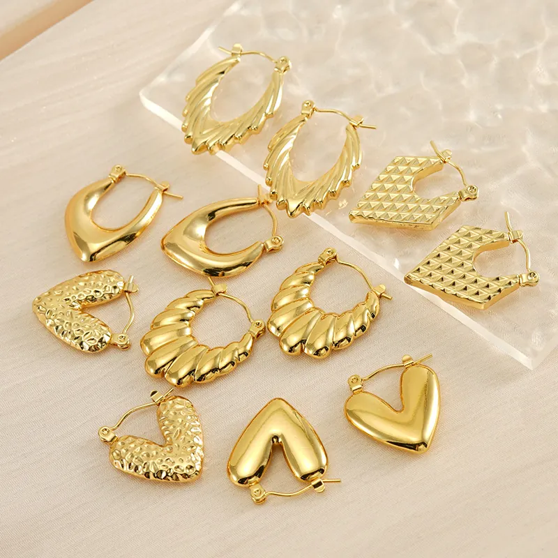 Vintage Geometrische Oorbellen Voor Dames Roestvrij Staal 18K Verguld Hol Getextureerd Unieke Mode Trendy Sieraden