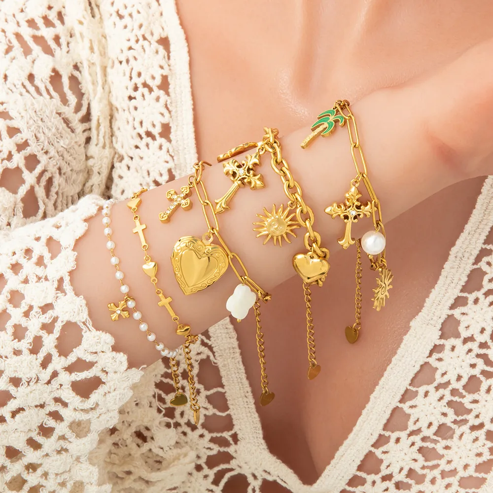 Bracelet 18K Gold Plated Stainless Steel Imitation Artificial Pearl Heart Cross Butterfly Sun Charm Vintage Boho Jewelry Women