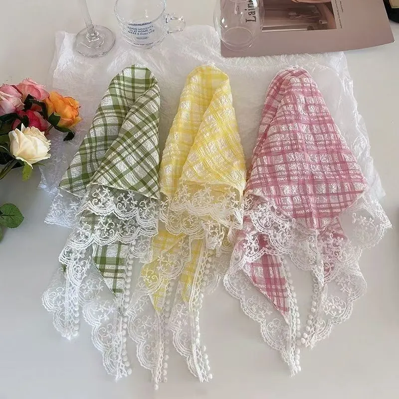 French Pastoral Triangle Headscarf Plaid Lace Trim Bandana Sweet Hair Kerchief For Women Girls