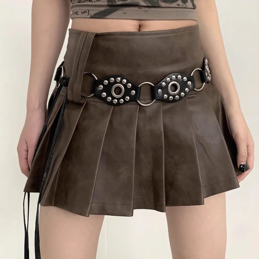 Y2K Punk Waist Belt Vintage PU Leather Metal Ring Rivet Eyelet Gothic Millennium Aesthetic Accessory For Women