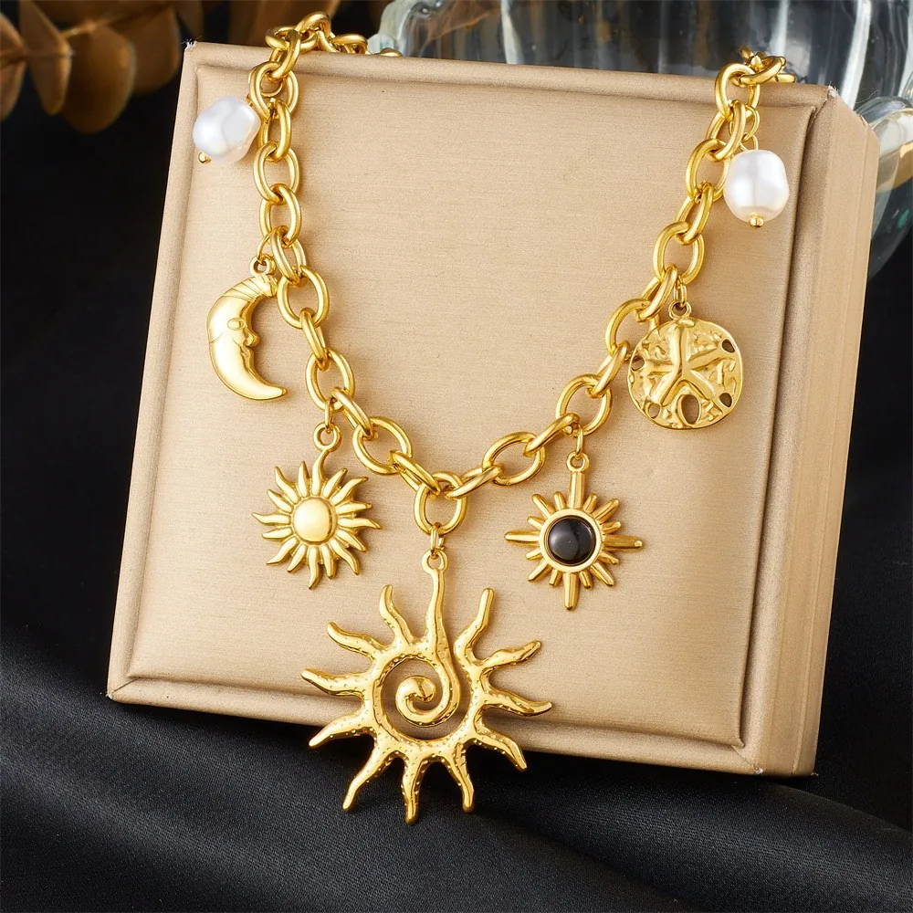 Collier Pendentif Soleil Lune En Acier Inoxydable Plaqué Or Avec Künstliche Perle Pierre Noire Bijoux Style Bohème Vintage Pour Femmes