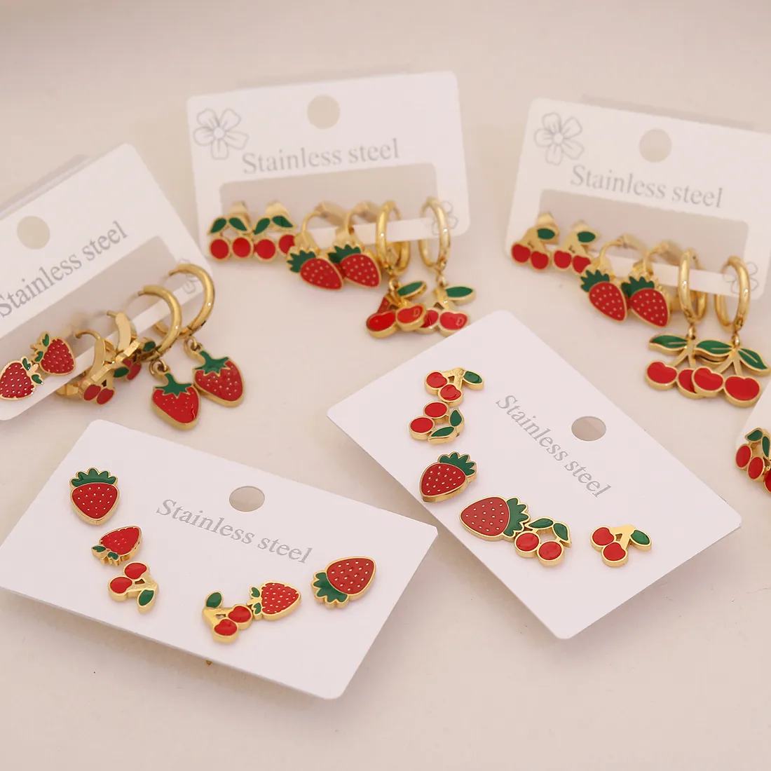Orecchini A Lobo Frutta Carina Acciaio Inossidabile 304 Ciliegia Fragola Smalto Rosso Verde Gioielli Delicati Donne Ragazze Accessori Moda
