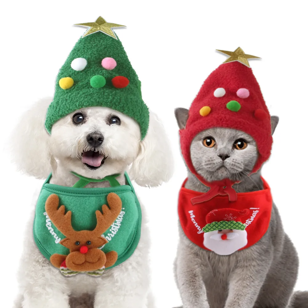 Pet Christmas Hat And Bandana Soft Plush Adjustable Christmas Tree Reindeer Santa Holiday Dress Up For Cats Dogs