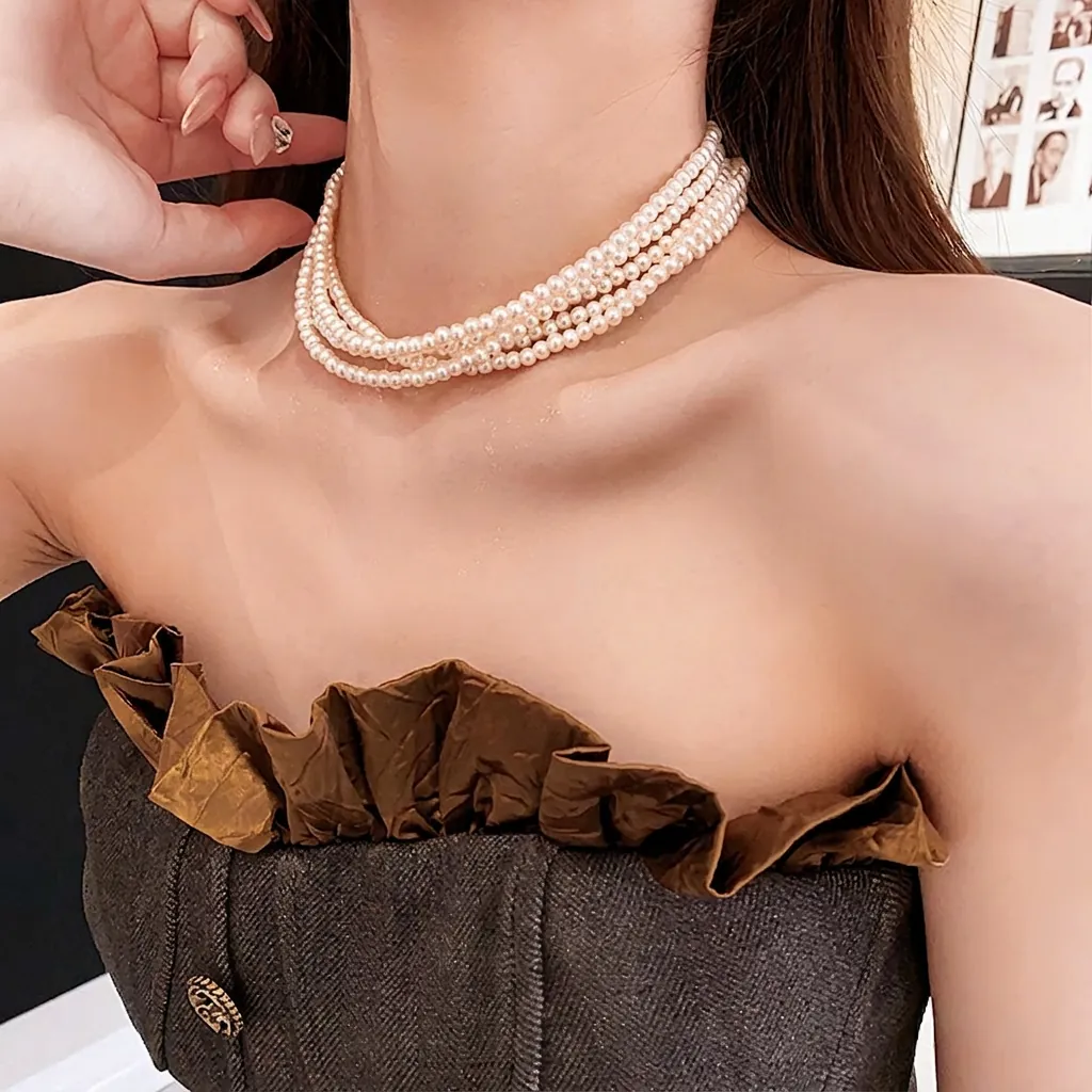 Mehrlagige Künstliche Perlenhalskette Für Damen Französisch Vintage Elegant Choker Mit Verstellbarer Legierungskette