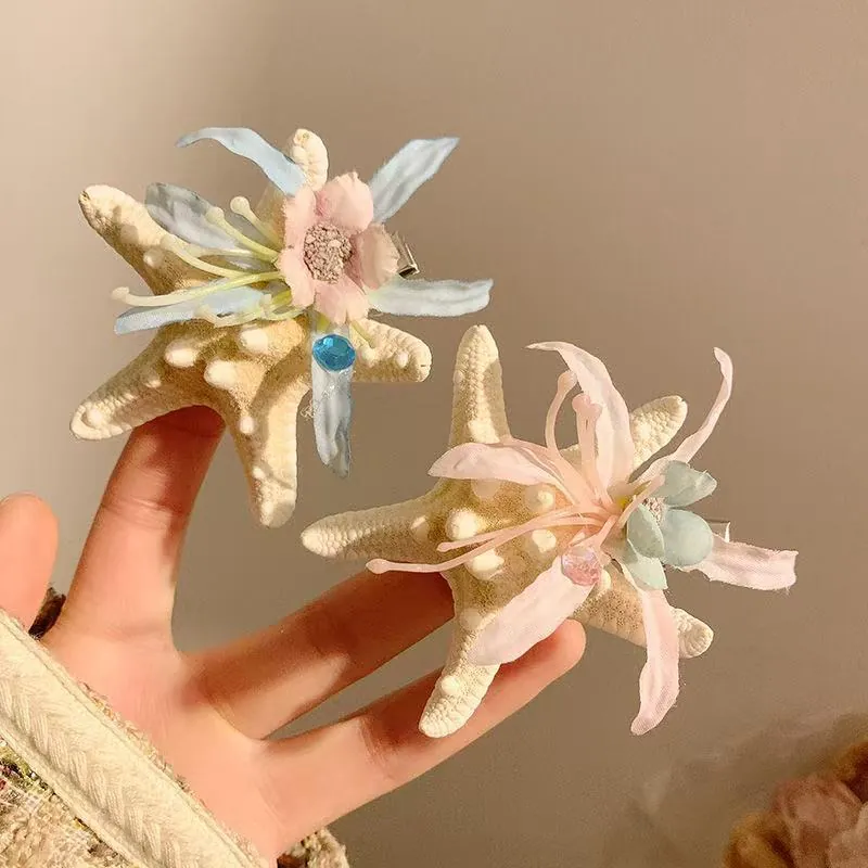 Starfish Flower Hair Clip Resin Shell Faux Artificial Pearl Seaside Summer Vacation Sweet Hair Claw Shark Clip For Women