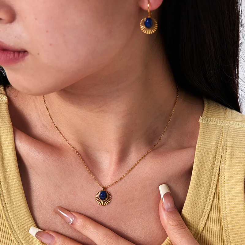 Collier Et Boucles D'oreilles Vintage Rayon De Soleil Acier Inoxydable Plaqué Or 18K Pierre Bleue Ovale Bijoux Femme