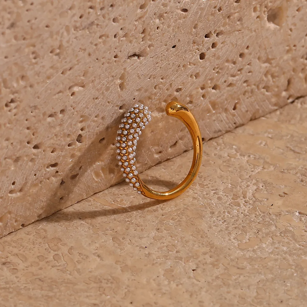 Stainless Steel Open Ring Teardrop Shape Micro Pave Faux Artificial Pearl Adjustable Fashion Simple Luxury Jewelry For Women