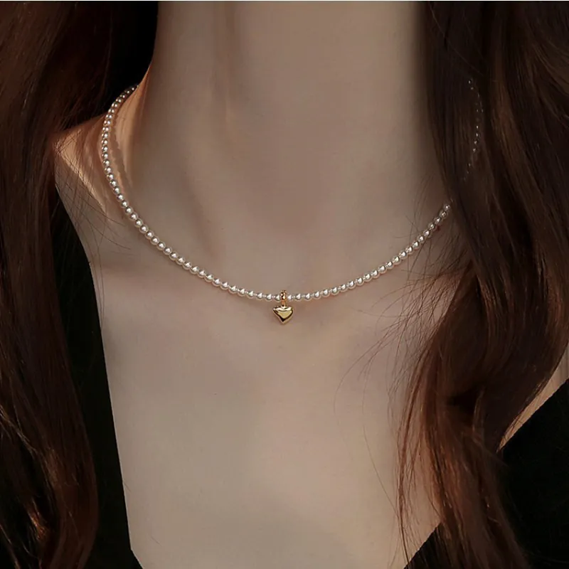 Elegant Artificial Pearl Choker Necklace With Gold Plated Heart Pendant Round Beaded Jewelry For Women