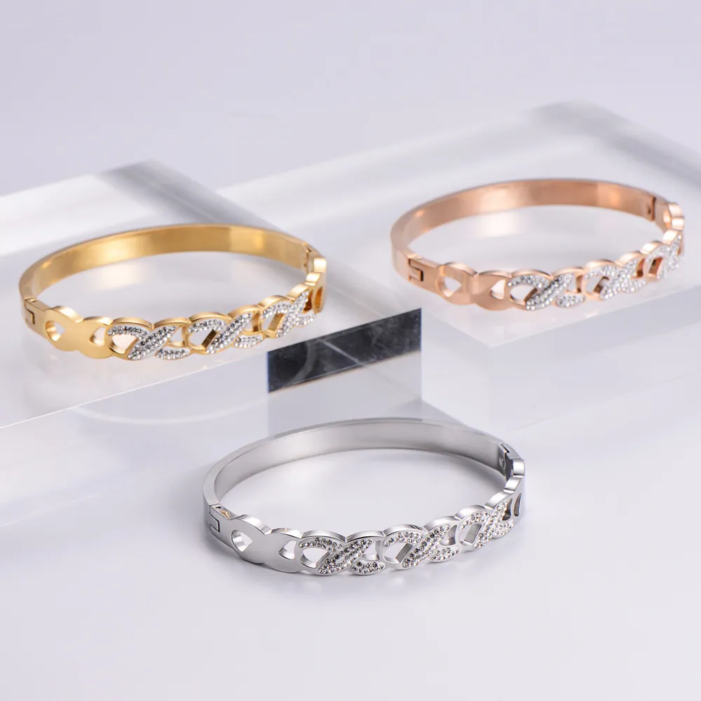 Women Stainless Steel Bangle Bracelet Hollow Infinite Cross Design Cubic Zirconia Inlaid Luxury Jewelry Gift For Her