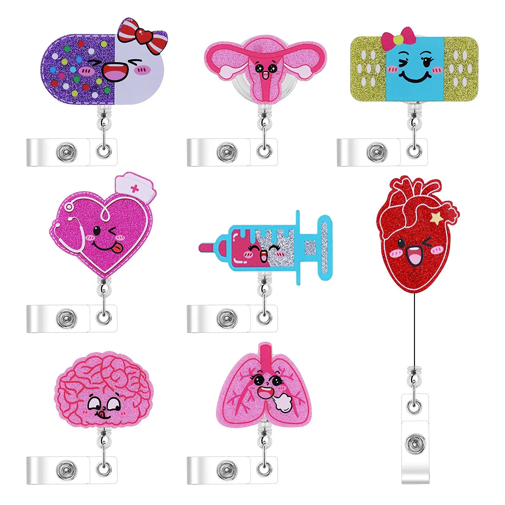 Retractable Badge Reel Medical Nursing ID Card Holder Acrylic Glitter Cartoon Heart Brain Pill Shape For Nurses Doctors