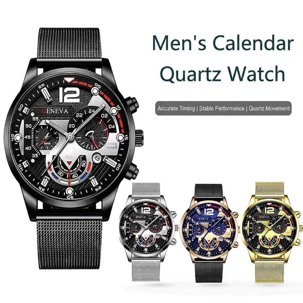 Men's Business Quartz Watch With Calendar Luminous Pointer Stainless Steel Mesh Leather Strap Fashion Multi-Functional Dial Wristwatch