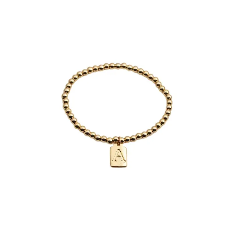 Bracelet À Perles Avec Pendentif Alphabet Initiale En Cuivre Plaqué Or Médaille Carrée Bijoux De Mode Minimalistes
