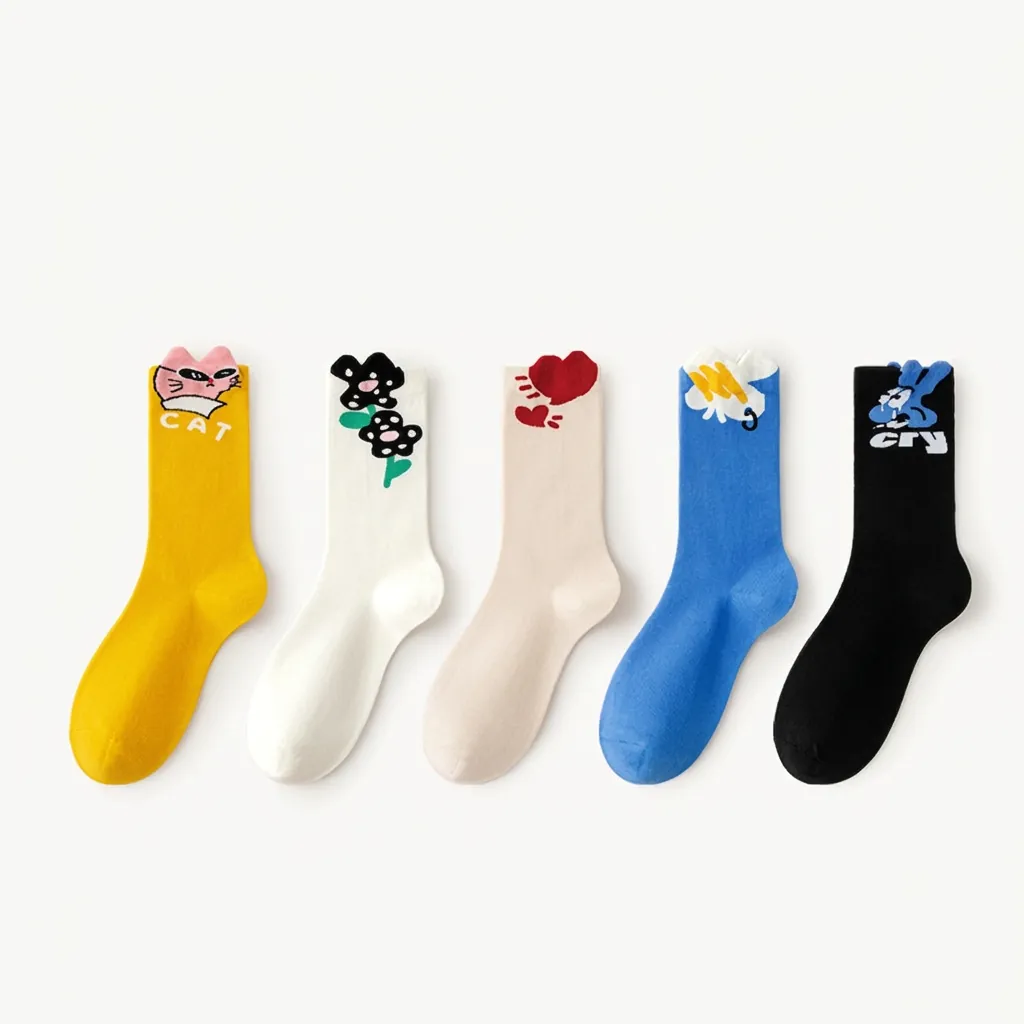 Cute Cartoon Animal Mid Tube Crew Socks Soft Combed Cotton Breathable Sweat Absorbent Collegiate Style Casual Hosiery Women