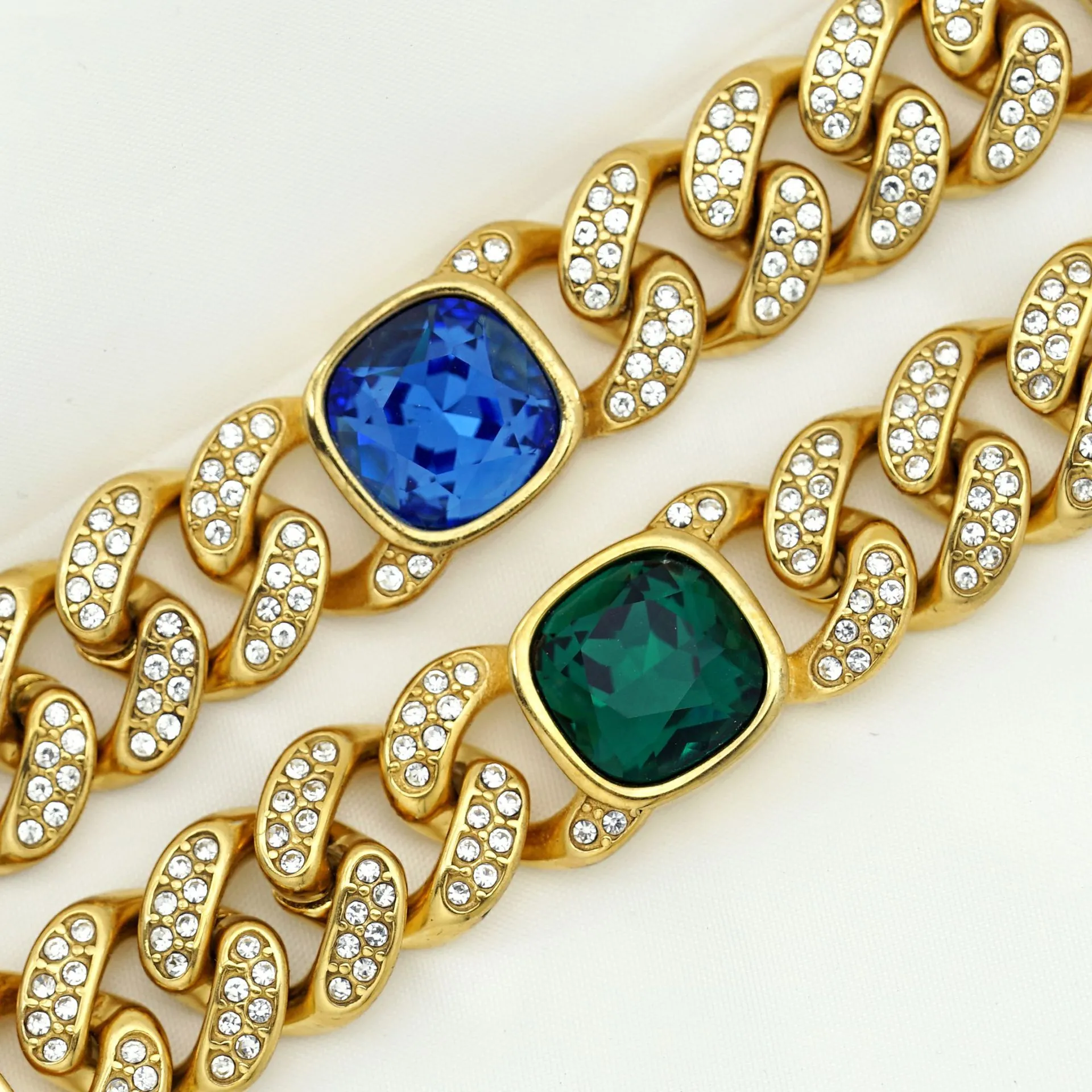 Bracelet Gourmette Cubaine Iced Out Acier Titane Strass Pavé Carré Gemme Colorée Bijoux Hip Hop Pour Hommes Femmes