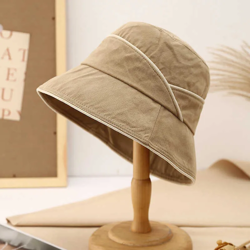 Women Bucket Hat Cotton Linen Sun Protection Breathable Contrast Piping Japanese Style Summer Outdoor Sunshade Cap